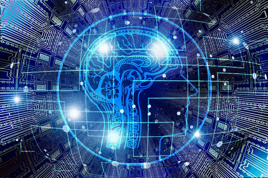 Künstliche Intelligenz Auf blauem Hintergrund ist mit weißen Linien ein Gehirn gezeichnet und ein Netzwerk ist aus weißen Punkten dargestellt.